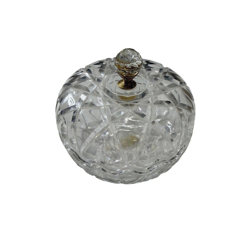 Vintage Genuine Lead Crystal Lidded Trinket Dish Round Cut Glass Candy Bowl 5"